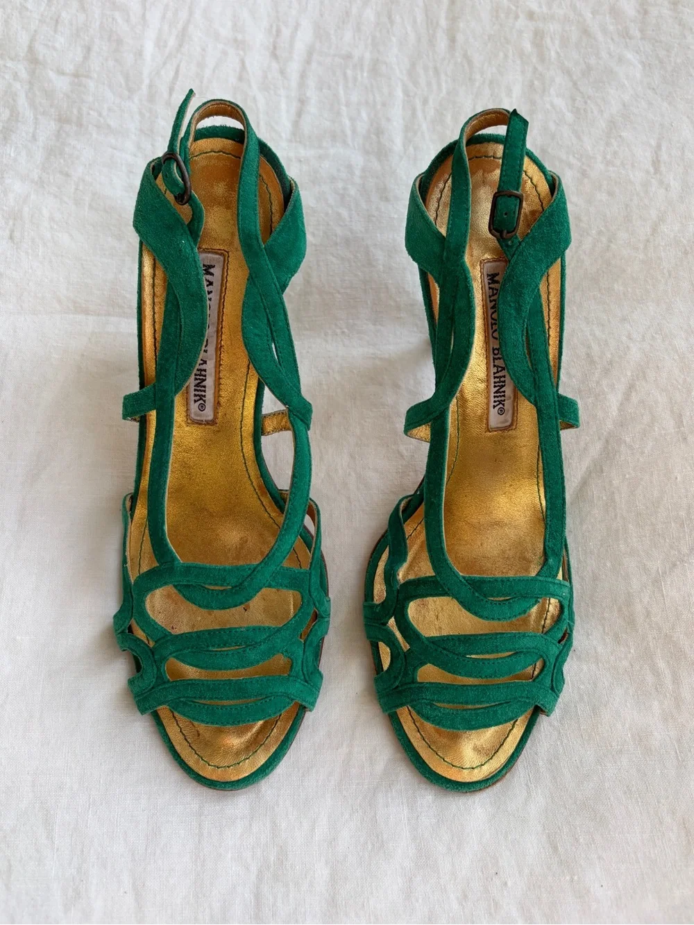 Vintage Manolo Blahnik Suede Strappy Loop Open Toe Heels Emerald Green